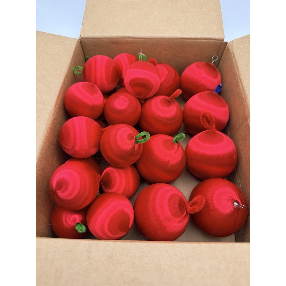 Vtg 251- Red Satin Sateen Round Christmas Ornaments 25 Spun Silk Thread Balls